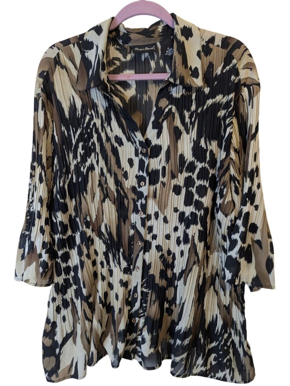 MAGGIE BARNES Top size 1X Brown Pleated Button Up 3/4 Sleeve Floral Bohemian
